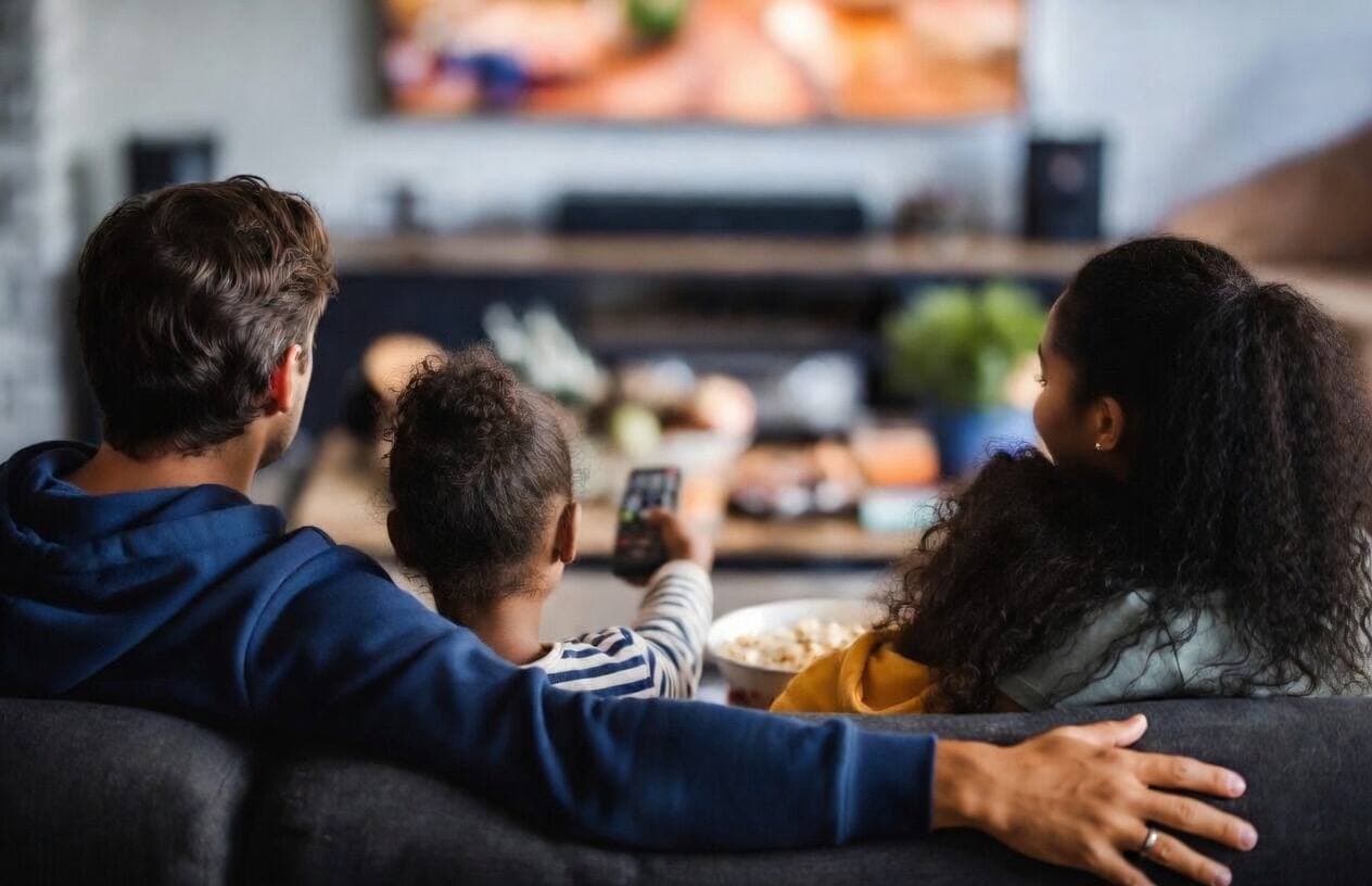Family watching TV together at home
